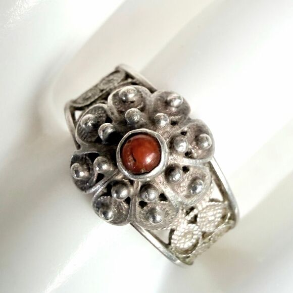 800 Silver Coral Filigree Adjustable Cuff Ring - Picture 2 of 8